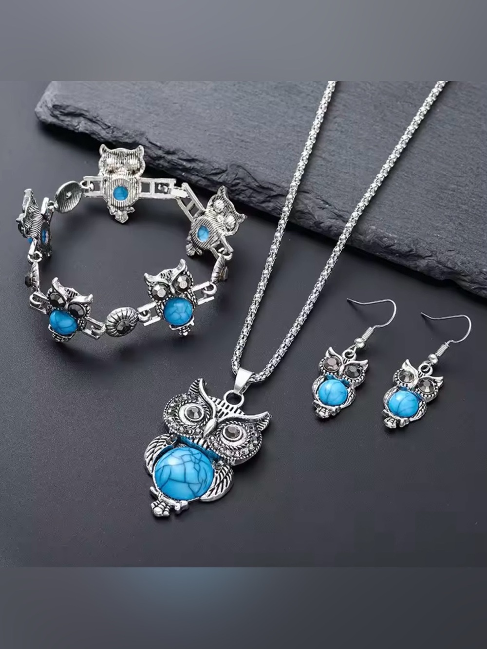 Turquoise Owl Jewelry Set - Silver-Tone Necklace, Bracelet & Earrings